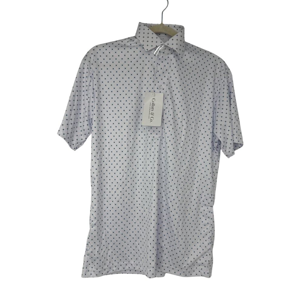 Collars & Co Dress Collar Polo White Blue Geometric Performance Shirt S NWT